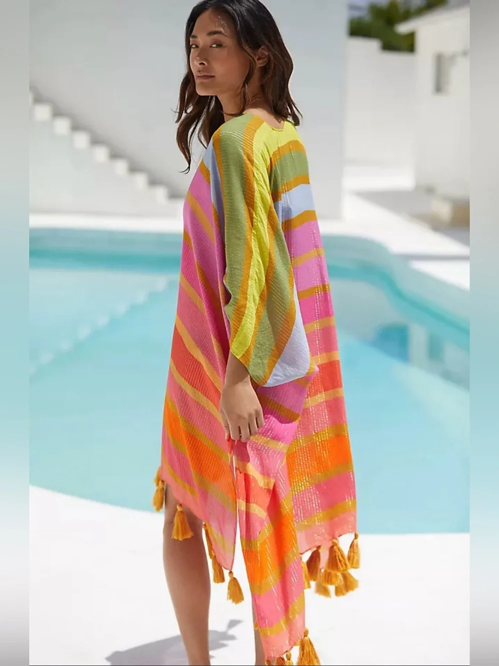 FARM Rio Rio Tassel Cover-Up | Multicolor Striped Metallic Kimono | One Size